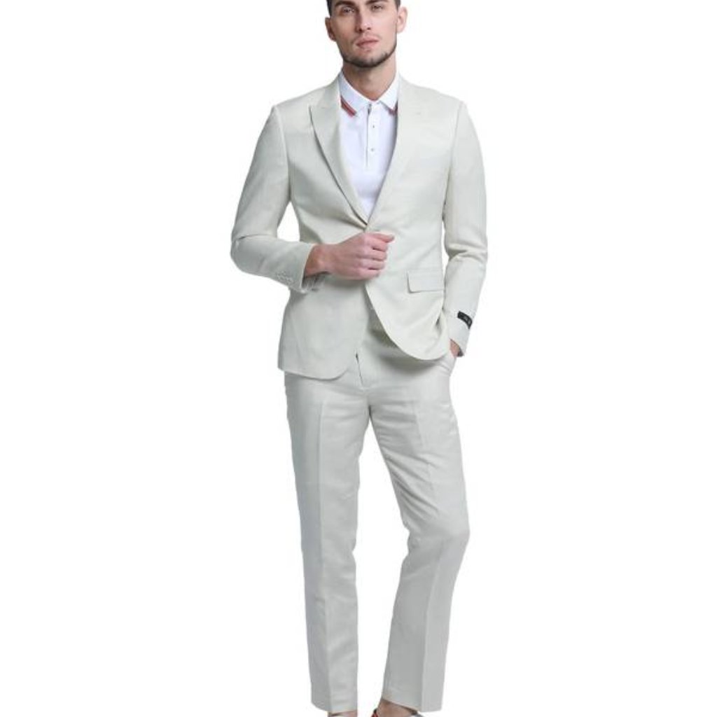 New Tazzio Mens Smooth Twill Suit Jacket And Pant Set Size 46 Slim Ivory